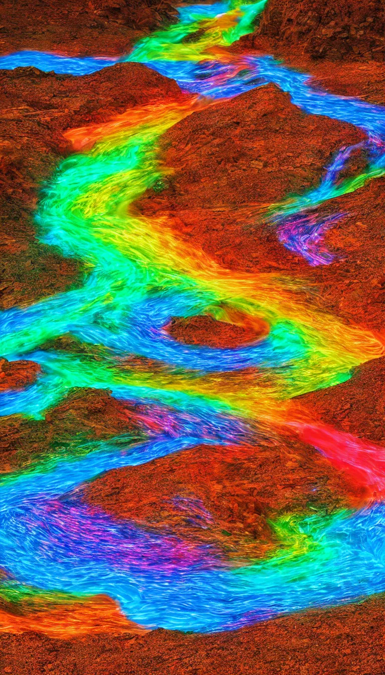 Prompt: a rainbow colored glowing river flowing from desert, wide angle view of 24 mm lens, vertical landscape, digital art style, highly detailed