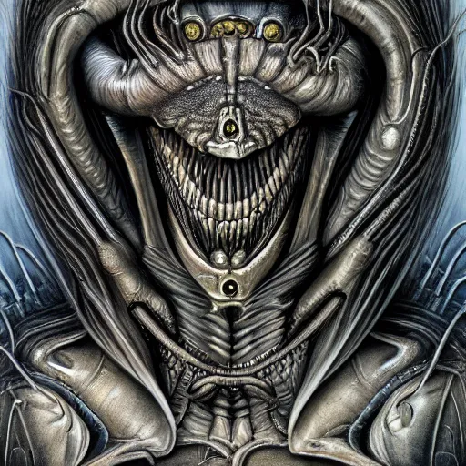 Prompt: Giger portrait of queen dragon, HD, soft shading, hyperdetailed, wide angle lens, fantasy, futuristic horror, style of giger