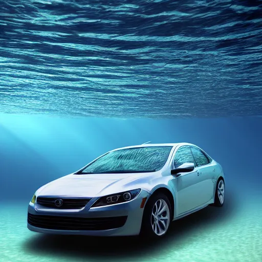 Image similar to hyperrealistic photo of a car underwater, 4 k, 8 k, thin film, full shot