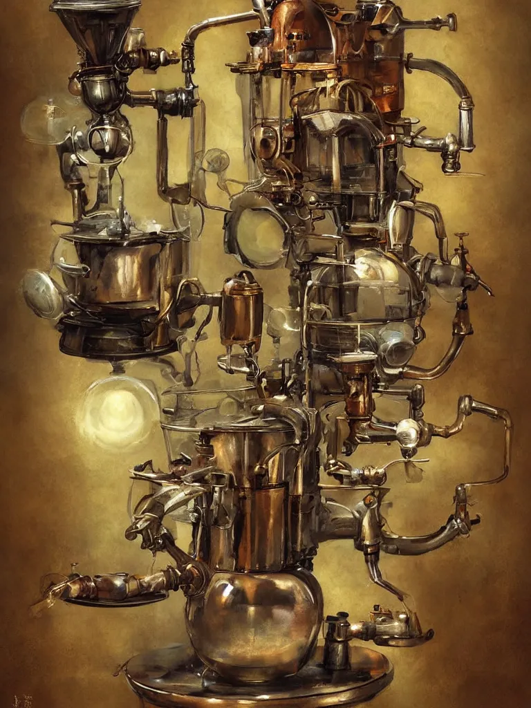 Image similar to old mechanical coffee machine, by Simon Stalenhaag, by Yoshita Amano, by Esao Andrews, sharp focus, fresh colors, deviantart, conceptart