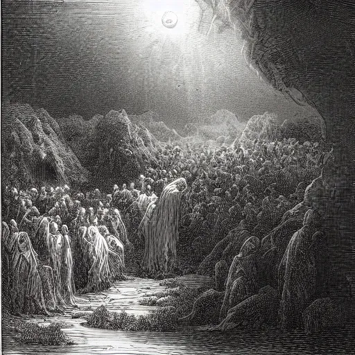 Image similar to the earthly paradise, gustave dore engraving