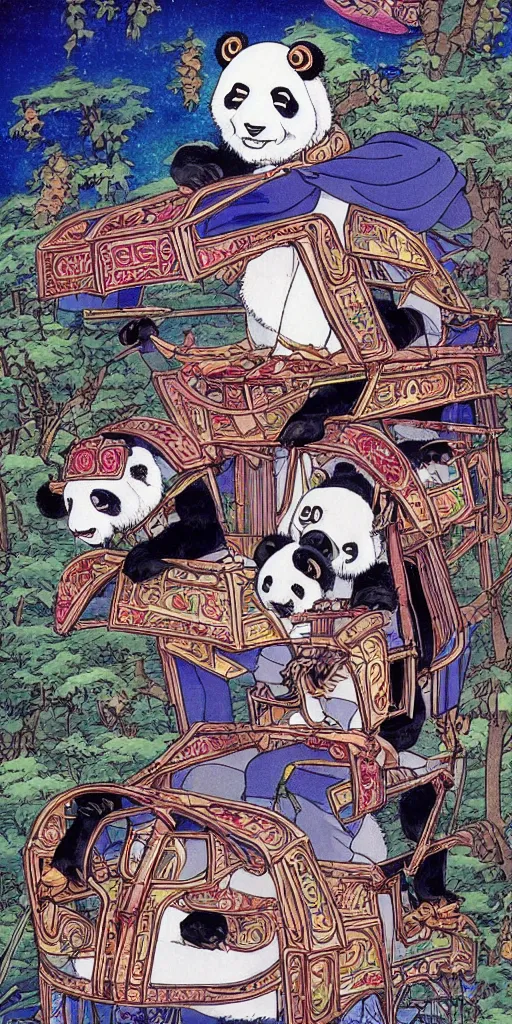 Prompt: a chariot drawn by pandas in japan, 1990s anime, full color, tarot card the chariot, highly detailed