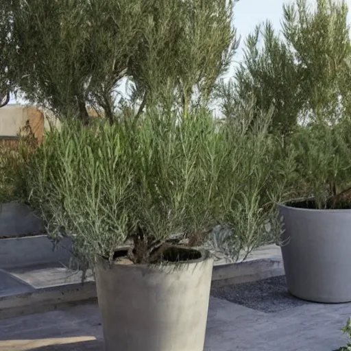 Image similar to large concrete pot on the rooftop, olive trees, comfortable for seating, wpc decking on the floor