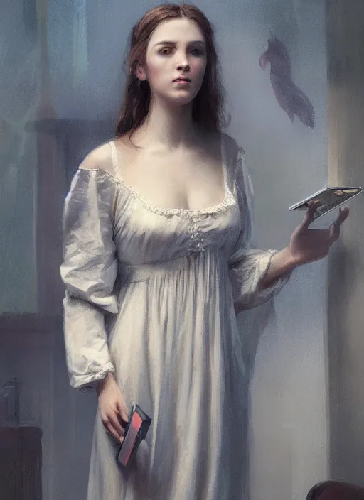 Image similar to upper body portrait of a beautiful maiden in a victorian nightgown holding a futuristic tablet, award winning, masterpiece digital painting by greg rutkowski, alex grey, artstation, 4 k wallpaper,