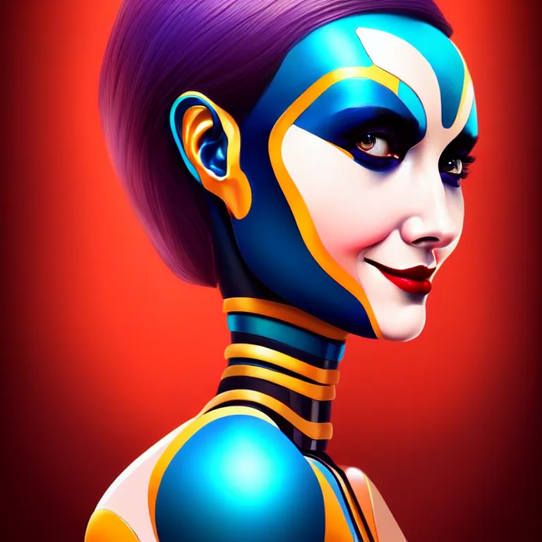 Image similar to android robot woman face painting, looking straight to camera, moderate colors, ornate, digital art, cute smile, winning artwork, digital painting, professional art, elegant, by Ilya Kuvshinov, by artgerm