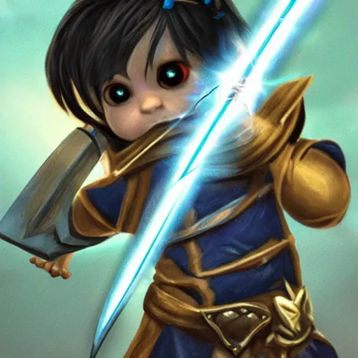 Image similar to a baby warrior holding the necro sword, lightning