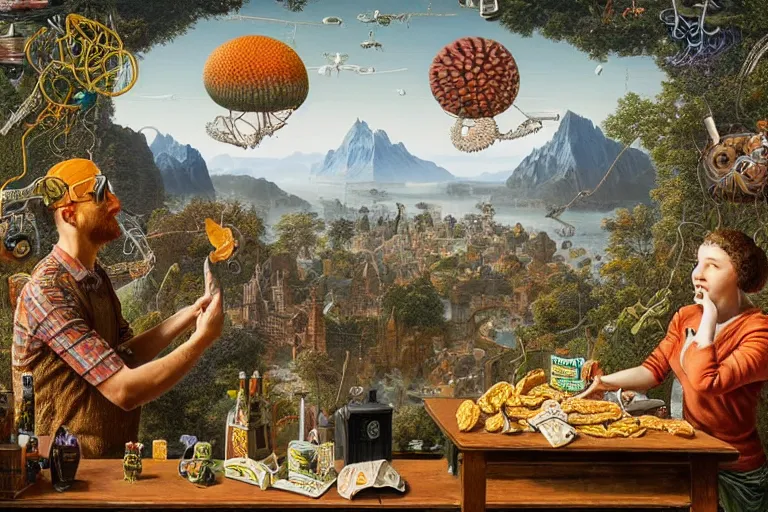 Image similar to a surreal and awe - inspiring bag of crisps on a table, intricate, elegant, highly detailed matte painting by ernst haeckel and simon stalenhag