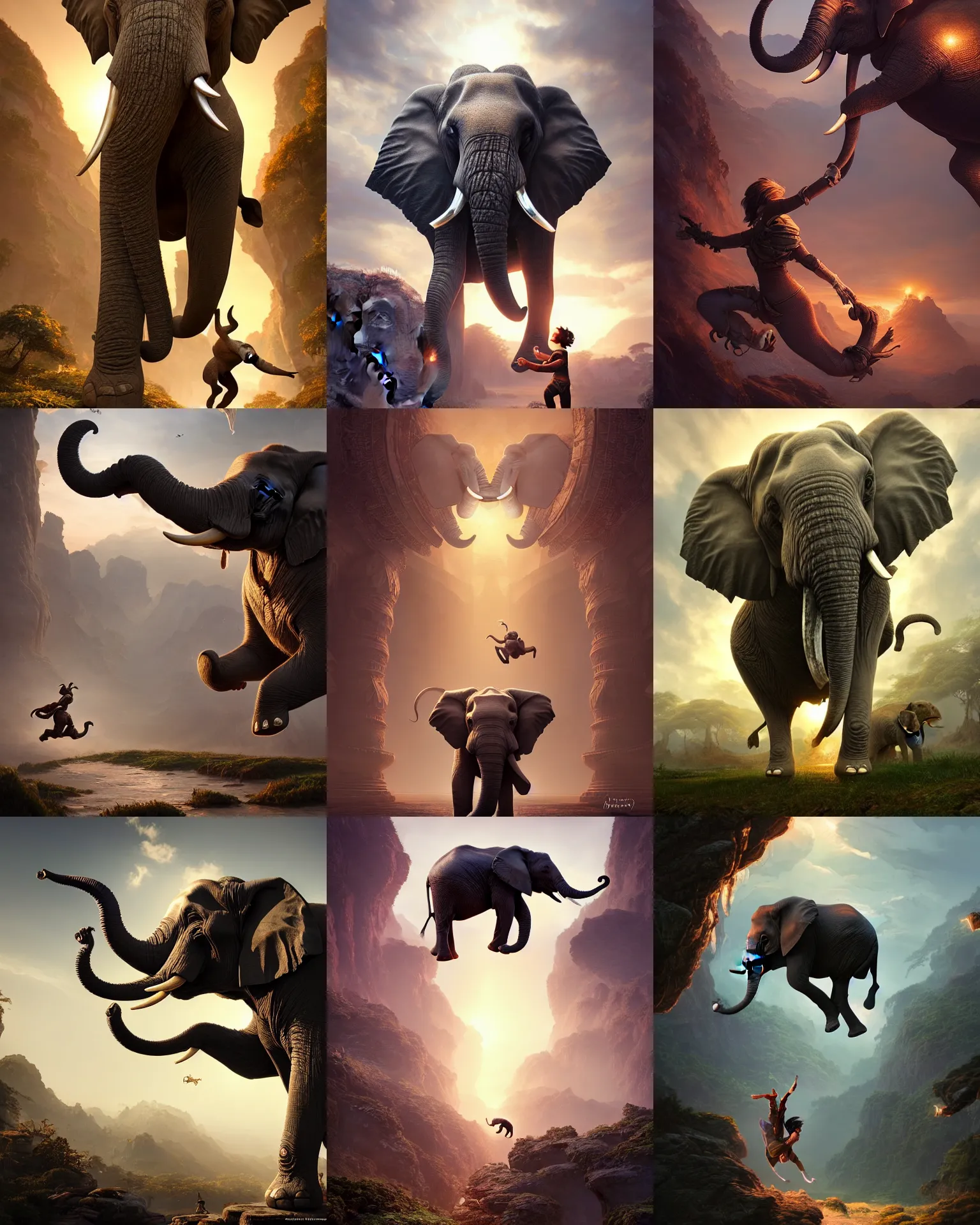 Prompt: an elephant jumping, fantasy, intricate, epic lighting, cinematic composition, hyper realistic, 8 k resolution, unreal engine 5, by artgerm, tooth wu, dan mumford, beeple, wlop, rossdraws, james jean, marc simonetti, artstation