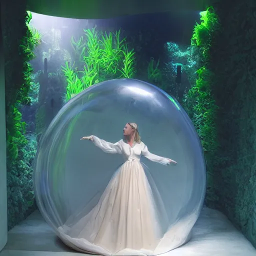 Image similar to photo by mort kunstler and annie leibovitz and monia merlo, a woman wearing a giant inflated clear plastic dress containing an aquarium, backlit, 4 d, 4 k, volumetric lighting, photorealistic, light ray, hyperdetailed