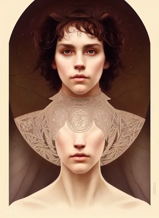 Image similar to symmetry portrait of welsh brunette student in mans tunic, tomboy, short hair, forest, intricate, elegant, highly detailed, digital painting, artstation, concept art, smooth, sharp focus, illustration, art by artgerm and greg rutkowski and fra angelico and alphons mucha