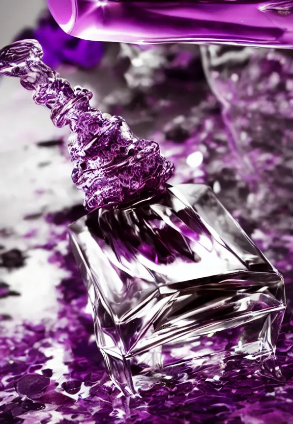 Prompt: close up shot of premium perfume bottle containing purple liquid, the bottle is placed on a black coloured table, the bottle is in the middle of the scene ultra detail, commercial, designer product, cinematic lighting, hd artstation, symmetrical, rendered, 4k