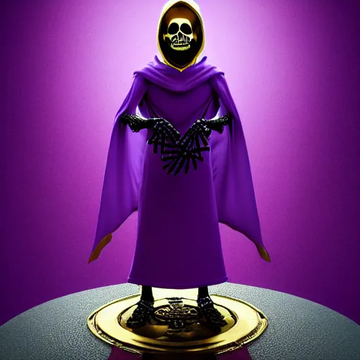 Image similar to a skeleton in a purple robe, golden magical shoulder pads, in a hood, a red magic sphere in his chest, he stands next to a golden throne, realism, game quality, 3d render, proportions