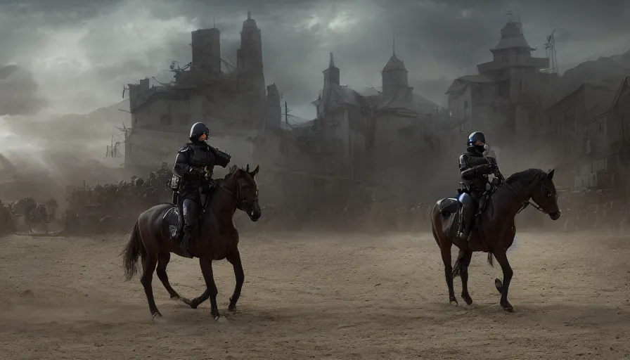 Image similar to police riding a militarized horse through an orwellian town, troops searching the area, action scene, an epic fantasy, dramatic lighting, cinematic, establishing shot, extremely high detail, photorealistic, cinematic lighting, artstation, octane render, by Christopher Nolan, horizon forbidden west