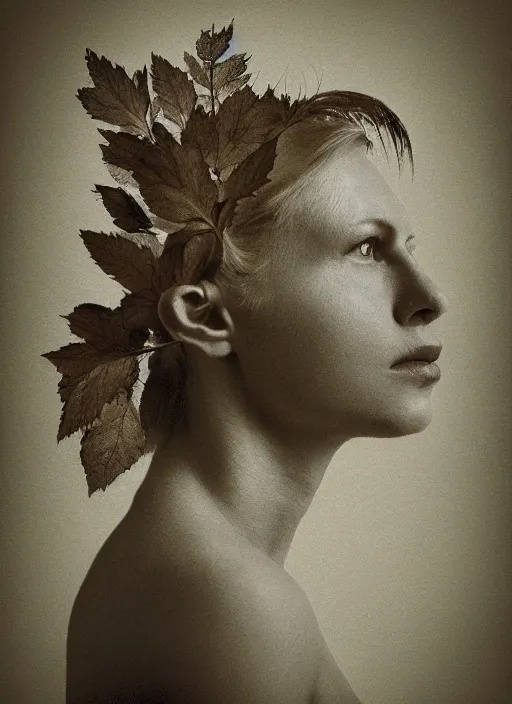 Image similar to a womans face in profile made of leaf skeleton in the style of the Dutch masters and Gregory Crewdson dark and moody