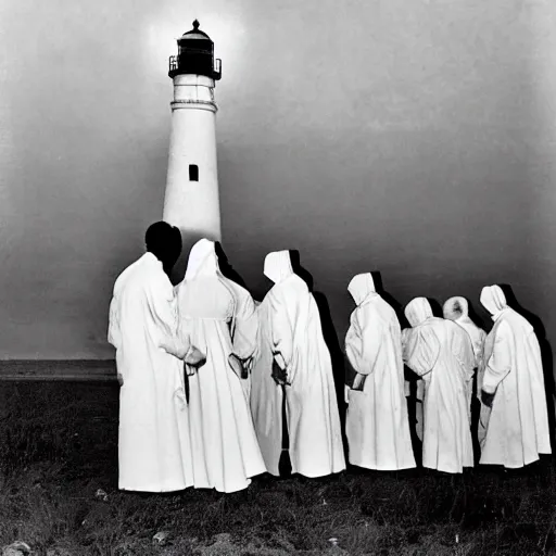 Image similar to worshippers dressed in robes belonging to the cult of the lighthouse. Dilapidated 1800s lighthouse. Unnaturally tall lighthouse. Beacons of light. 1800s photo.