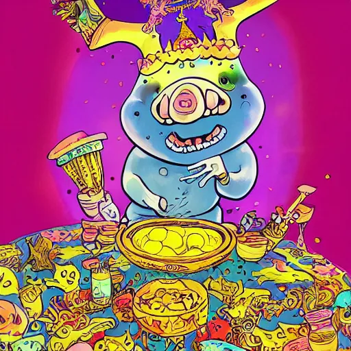 Image similar to trippy comic art of a pig wearing a gold crown eating snacks, drawn by Martin Rowson, Tim Burton, Studio Ghibli, Alex Pardee, Nekro Petros Afshar, James McDermott, colors by lisa frank, unstirred paint, vivid color, cgsociety 4K