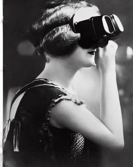 Image similar to 1 9 2 0 s photo of a flapper girl wearing a vr headset on a stage in a speakeasy