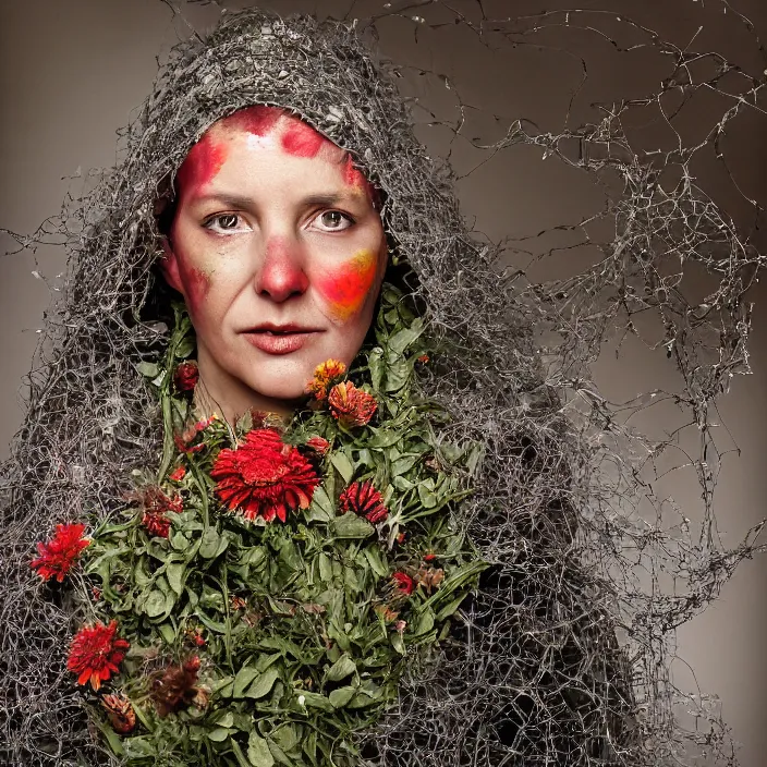 Image similar to closeup portrait of a woman wearing a hooded cloak made of zinnias and barbed wire, in a derelict house, by Martin Schoeller, natural light, detailed face, CANON Eos C300, ƒ1.8, 35mm, 8K, medium-format print