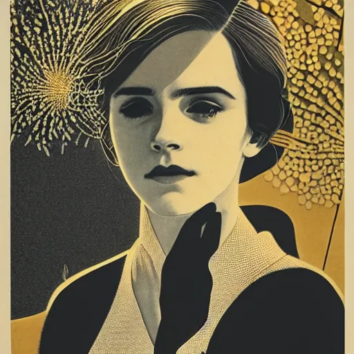 Image similar to emma watson portrait by ikenaga yasunari and ayana otake and ko rakusui, 6 0 s poster, drawing, realistic, sharp focus, japanese, dreamy, nostalgia, faded, golden hues, floral clothes