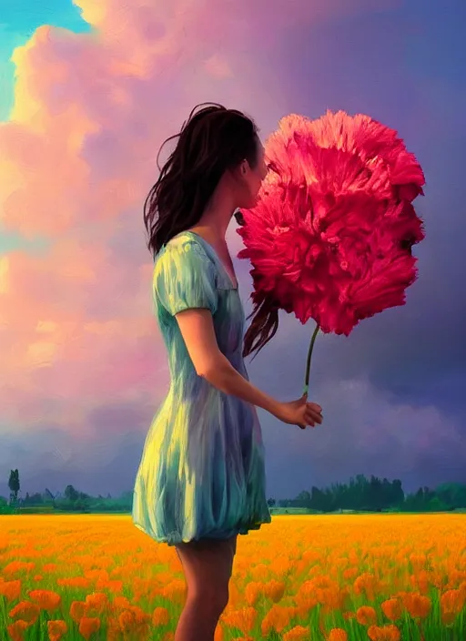 Image similar to portrait of a woman with a giant carnation as a face, flower field, surreal photography, sunset dramatic light, impressionist painting, colorful clouds, blue sky, digital painting, artstation, simon stalenhag