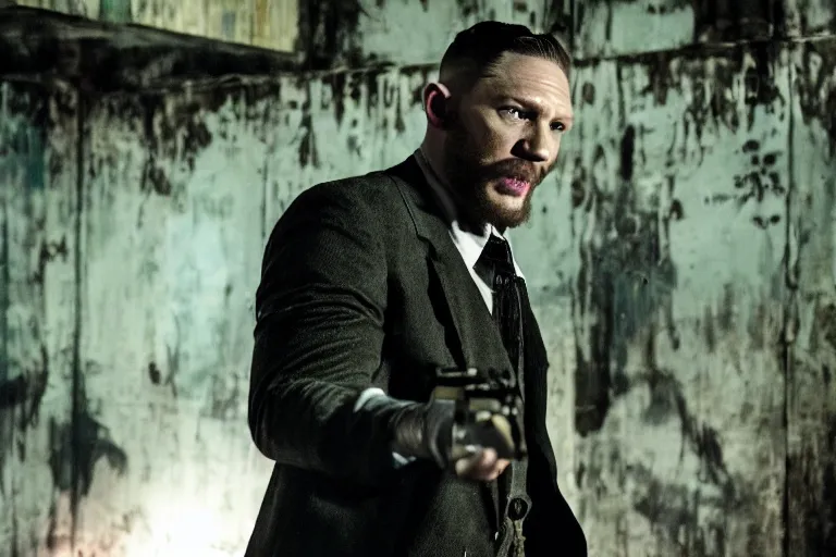 Image similar to film still of Tom Hardy as Max Payne in a creepy funhouse in the Max Payne movie, 4k