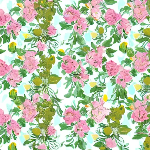 Image similar to a floral pattern in repeat in pastel colors like pinks, lilacs, lemon yellows and sea greens.. Having pretty roses and libernums