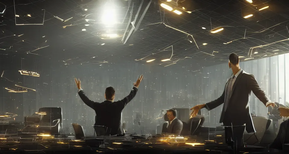 Image similar to Dramatic photo of a CEO waving to a large group of his coworkers in a futuristic office. Golden coins are levitating all around them. 8k, high detail, trending on Artstation, volumetric lighting, cyberpunk