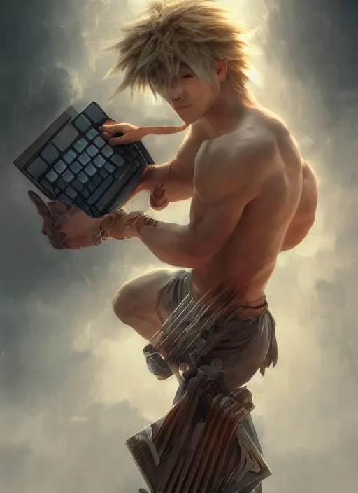 Image similar to upper body portrait of a keyboard warrior from final fantasy live action, holding a keyboard, award winning, masterpiece digital painting by greg rutkowski, alex grey, artstation, 4 k wallpaper,