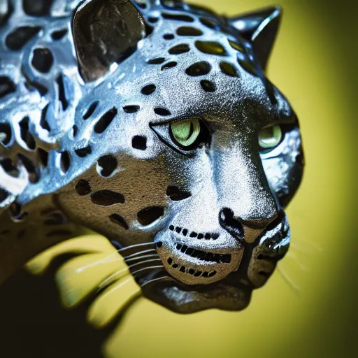 Image similar to portrait photography of a silver jaguar sculpture with glowing blue eyes