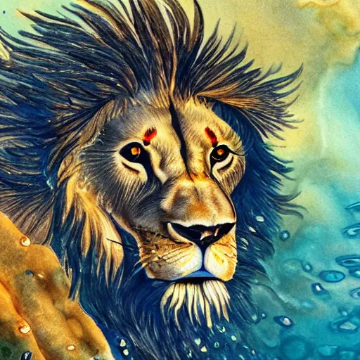 Image similar to a male lion's face breaching through a wall of water, water sprites, splashing, deep blue water color, highly detailed