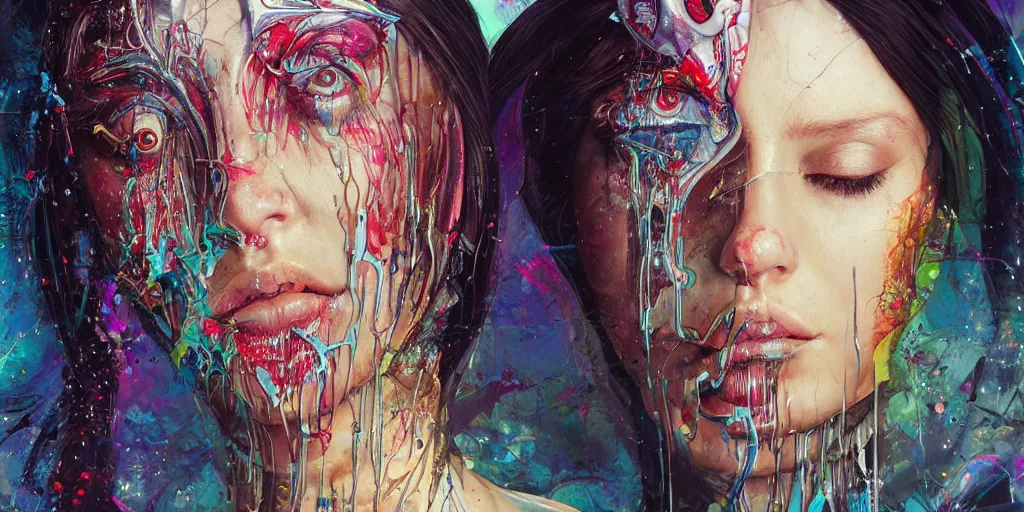 Image similar to portrait of Virgin Mary, melting ,8k,by tristan eaton,Stanley Artgermm,Tom Bagshaw,Greg Rutkowski,Carne Griffiths, Ayami Kojima, Beksinski, Giger,trending on DeviantArt,face enhance,hyper detailed,minimalist,cybernetic, android, blade runner,full of colour