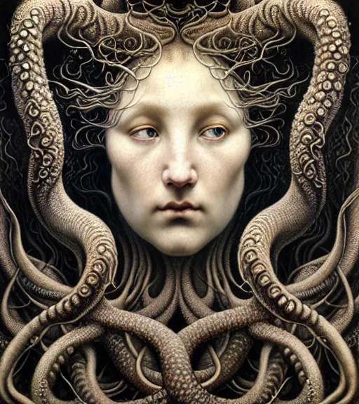 Image similar to detailed realistic beautiful kraken goddess face portrait by jean delville, gustave dore, iris van herpen and marco mazzoni, art forms of nature by ernst haeckel, art nouveau, symbolist, visionary, gothic, neo - gothic, pre - raphaelite, fractal lace, intricate alien botanicals, ai biodiversity, surreality, hyperdetailed ultrasharp octane render