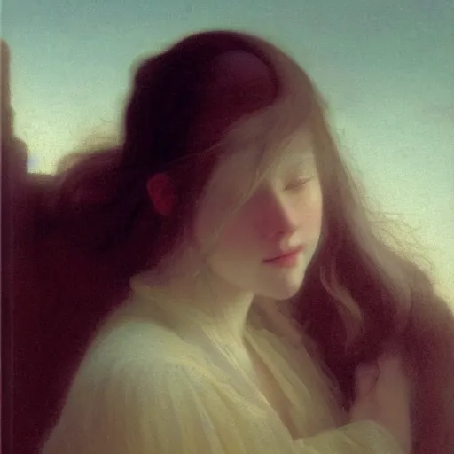 Image similar to a young woman's face, her hair is white and she wears a cobalt blue satin cloak, by ivan aivazovsky and syd mead and moebius and gaston bussiere and roger dean and pieter claesz and paul delaroche and alma tadema and aelbert cuyp and willem claesz, hyperrealistic, volumetric light, octane render