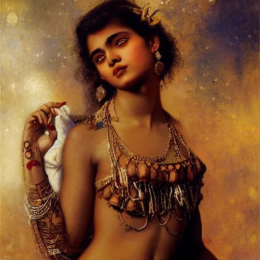 Prompt: detailed potrait 8 0 s srilankan girl with tatoos all over body in baroque style, girl graceful,, painting by gaston bussiere, craig mullins, j. c. leyendecker, lights, art by ernst haeckel, john william godward, hammershøi,,