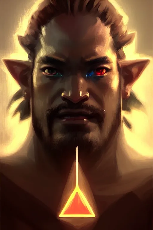 Image similar to cinematic shot of an epic portrait of ganon hold the triforce, shiny skin, beautiful eyes, beautiful, small details, night setting, realistic poster with volumetric light from craig mallism, artgerm, jeremy lipkin and michael garmash, unreal engine, radiant light, detailed and complex environment, digital art, trends at art station, a masterpiece