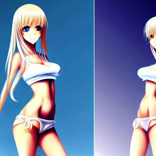Image similar to tiny father a tall daughter picture : a very beautiful young blond anime girl, sky blue eyes, bikini, white miniskirt, highly detailed, cinematic wallpaper by stanley artgerm lau