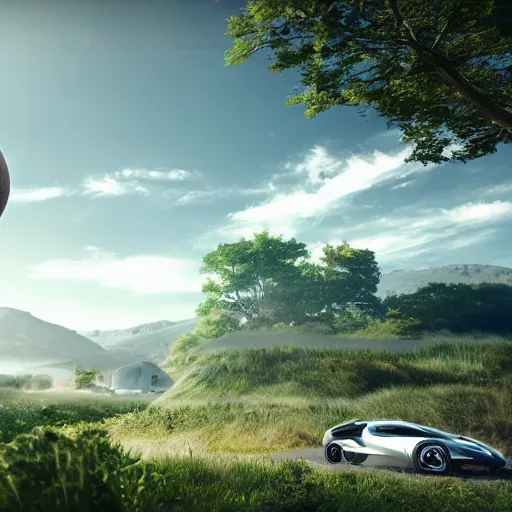 Prompt: a spherical car driving next to a beautiful camp with tyrannosaurus rex and humans dancing, smoky, green hills, many interstellar plants, futuristic concept design, airy landscape, high detail rendering by octane, unreal engine, 8 k, cinematic grade.