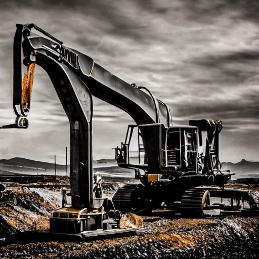 Prompt: giant scary treaded mining automated machine with drill, mining scrap metal, highly detailed body, retro, industrial, dark, dystopian, apocalyptic, clean, 8 5 mm f / 1. 4