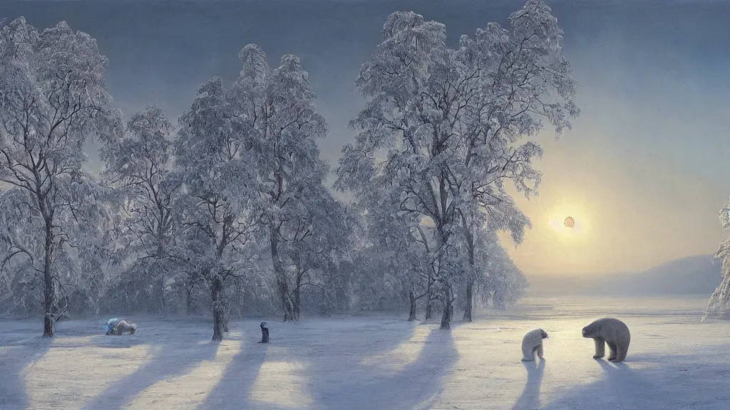 Image similar to the most beautiful panoramic landscape, oil painting, where a giant dreamy lake is frozen, the trees around have snow over their leafs, a giant polar bear is exhaling steam while walking over the frozen lake, the frozen lake is reflecting the giant polar bear and the ray lights of the sunrise are brightening him, by greg rutkowski