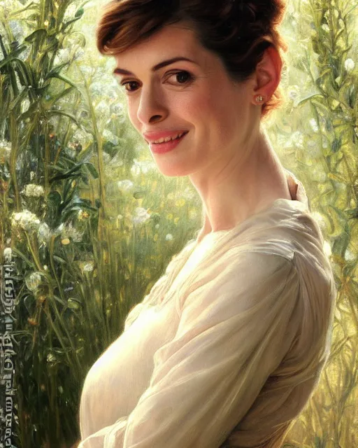 Prompt: a portrait painting of sabrina lloyd / perdita weeks / nicole de boer / maura tierney / anne hathaway hybrid oil painting, gentle expression, smiling, elegant clothing, scenic background, extremely detailed and lifelike, artgerm, greg rutkowski, alphonse mucha, vladimir volegov, adolphe bouguereaum, greg hildebrandt