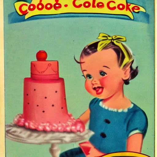 Prompt: 1950's cookbook color illustration baby cake adorable cartoon face sharp detail high detail