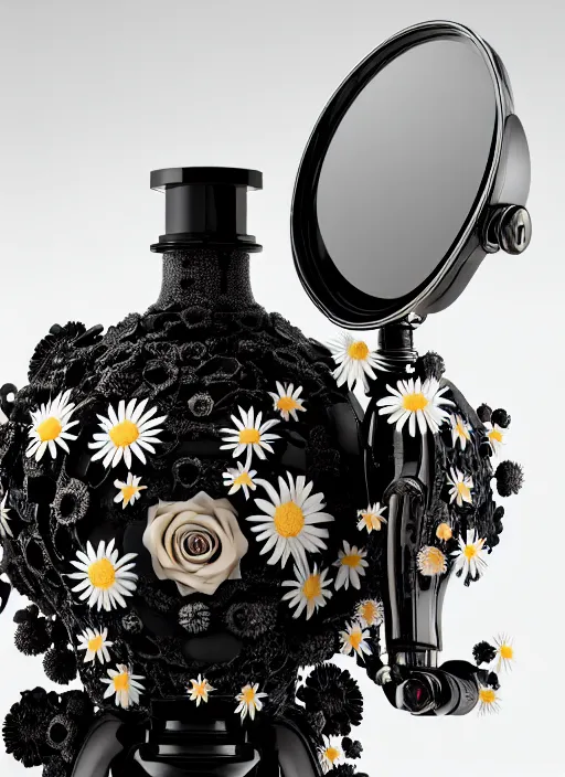 Prompt: perfume bottle standing on a biomechanical black enchanted vanity mirror made of corals, daisies, roses in an ivory room well contoured smooth fair walls, up close shot, sharp focus, global illumination, radiant light, alexandre ferra white mecha, irakli nadar, octane highly render, 4 k, ultra hd,