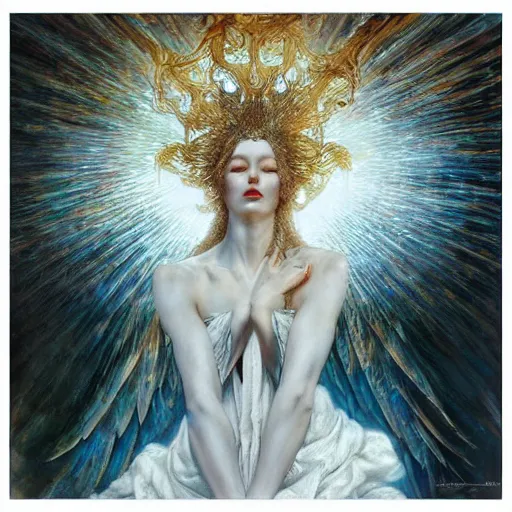 Image similar to thousands of angels on their knees worshiping a light, shining lights, god rays by by Karol Bak, Ayami Kojima, Amano and Olivier Ledroit