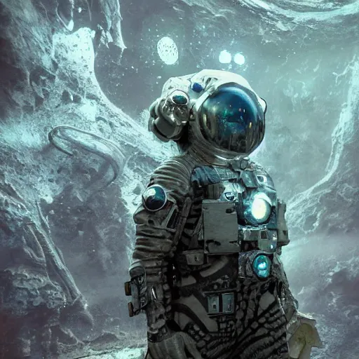 Image similar to concept art by craig mullins astronaut in futuristic dark and empty spaceship underwater. infrared complex and hyperdetailed technical suit. mandelbulb fractal. reflection and dispersion materials. rays and dispersion of light. volumetric light. 5 0 mm, f / 3 2. noise film photo. flash photography. unreal engine 4, octane render. interstellar movie art