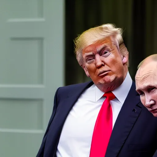 Prompt: donald trump tenderly hugging putin