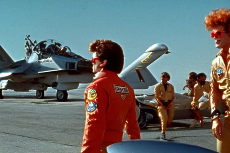 Image similar to ronald mcdonald in top gun ( 1 9 8 6 ), cinematic lighting, high contrast, 4 k hdr imax cinematography by roger deakins, award winning shot, beautiful composition, principal photography, vfx action shot