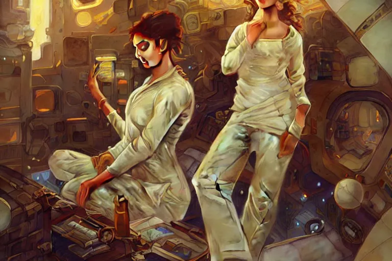 Image similar to Sensual good looking pale young Indian doctors wearing jeans in a space station above Earth, portrait, elegant, intricate, digital painting, artstation, concept art, smooth, sharp focus, illustration, art by artgerm and greg rutkowski and alphonse mucha