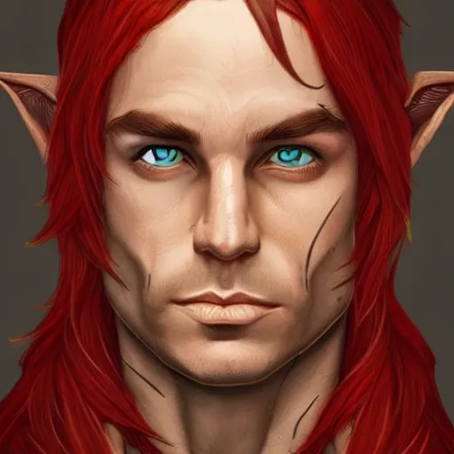 Image similar to character portrait, D&D, male half-elf, artificer, short red mohawk, artstation, ultra detailed, todd lockwood