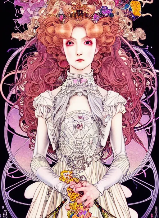 Image similar to highly detailed terada katsuya artstation ayami kojima manga poster of princess mechine, rainbow gradient reflection, long hair, armor, dress, laces, ruffles, 8 k, maximalist,, jump comics, tomer hanuka, alphonse mucha