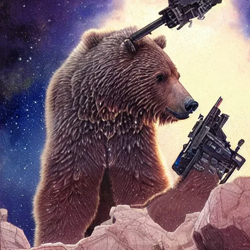 Image similar to detailed science - fiction character portrait of a grizzly bear shooting a machine gun in space, intricate, wild, highly detailed, digital painting, artstation, concept art, smooth, sharp focus, illustration, art by artgerm and greg rutkowski and alphonse mucha